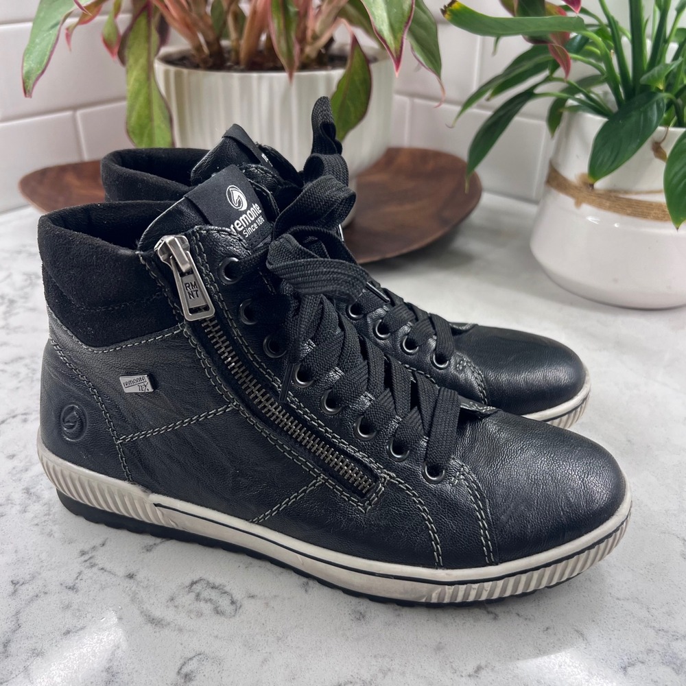 Remonte Maditta Black Leather High Top Sneakers Side Zip Water Resistant